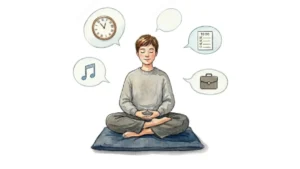 Eine Aquarell-Illustration eines jungen Mannes, der auf einem blauen Kissen meditierend sitzt. Vier Bubbles um seinen Kopf zeigen verschiedene Ablenkungen: eine Uhr, eine Musiknote, eine To-Do-Liste, und eine Aktentasche. Eine leere Blase steht für Gedankenlosigkeit. ️Die Bubbles visualisieren Gedanken oder keine Gedanken, die zu diesem Moment gehören.