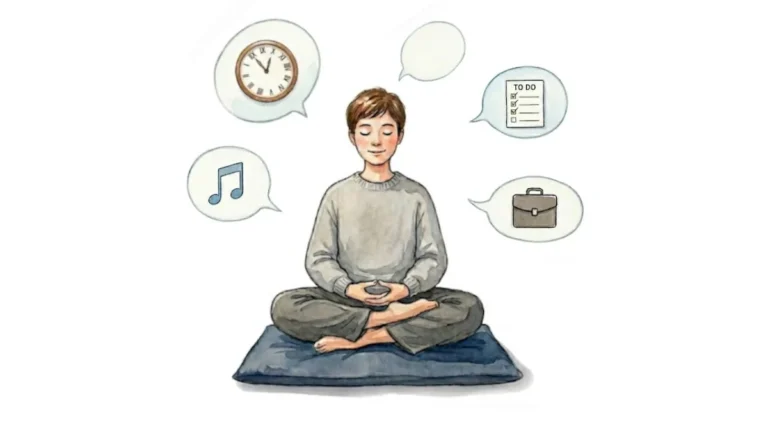 Eine Aquarell-Illustration eines jungen Mannes, der auf einem blauen Kissen meditierend sitzt. Vier Bubbles um seinen Kopf zeigen verschiedene Ablenkungen: eine Uhr, eine Musiknote, eine To-Do-Liste, und eine Aktentasche. Eine leere Blase steht für Gedankenlosigkeit. ️Die Bubbles visualisieren Gedanken oder keine Gedanken, die zu diesem Moment gehören.