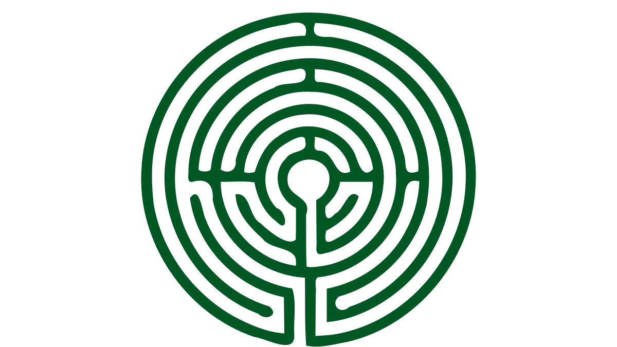 Stilisierte Zeichnung eines grünen Labyrinths als Symbol für den Zen-Weg zur Selbsterkenntnis.