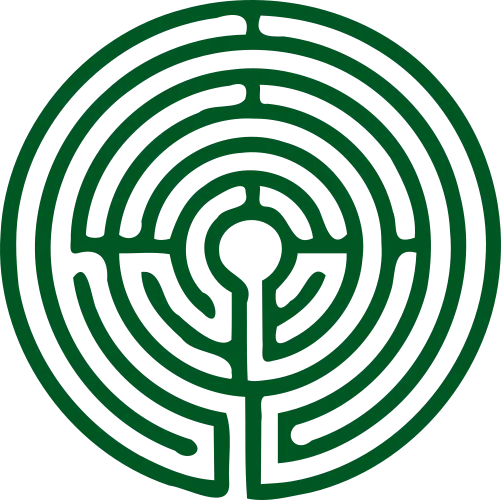 Stilisierte Zeichnung eines grünen Labyrinths als Symbol für den Zen-Weg zur Selbsterkenntnis.
