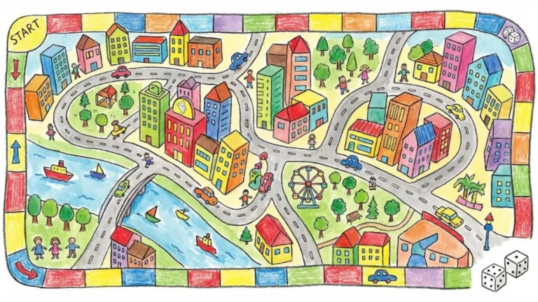 Eine farbenfrohe, naive Zeichnung eines Stadtplans, der als Brettspiel mit Startfeld und Würfeln dargestellt ist. Das Bild symbolisiert die Zen-Perspektive, den Alltag nicht als Stress, sondern als spielerisch navigierbares Feld zu betrachten.