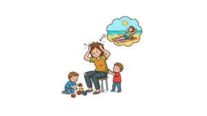 Erschöpfte Mutter sitzt gestresst zwischen ihren fordernden Kindern und sehnt sich nach Ruhe am Strand – Symbol für Leiden und Verlangen im Alltag.