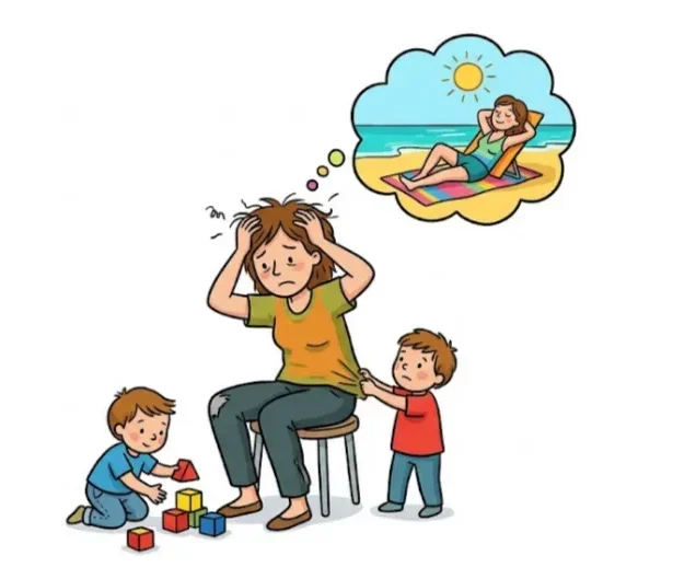 Erschöpfte Mutter sitzt gestresst zwischen ihren fordernden Kindern und sehnt sich nach Ruhe am Strand – Symbol für Leiden und Verlangen im Alltag.