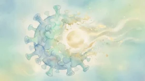 Symbolisches Aquarellbild, das ein Coronavirus zeigt, das sich sanft in goldenes Licht auflöst. Es steht für Hoffnung und die Genesung von Long Covid durch die beruhigende Wirkung der Zen-Meditation auf das Nervensystem.