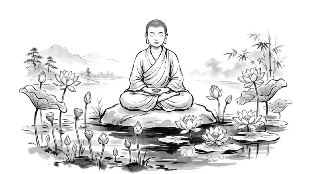 ine minimalistische Illustration eines meditierenden Buddha in einem Lotusteich. Die Lotosblume im Zen symbolisiert die Klarheit, die aus dem tiefen Schlamm des Alltags wächst