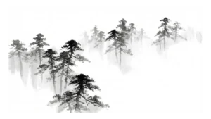 Japanische Tuschemalerei von Kiefern, die im Nebel verschwinden. Der dominante weiße Leerraum illustriert das Zen-Konzept Ma (die bewusste Leere)