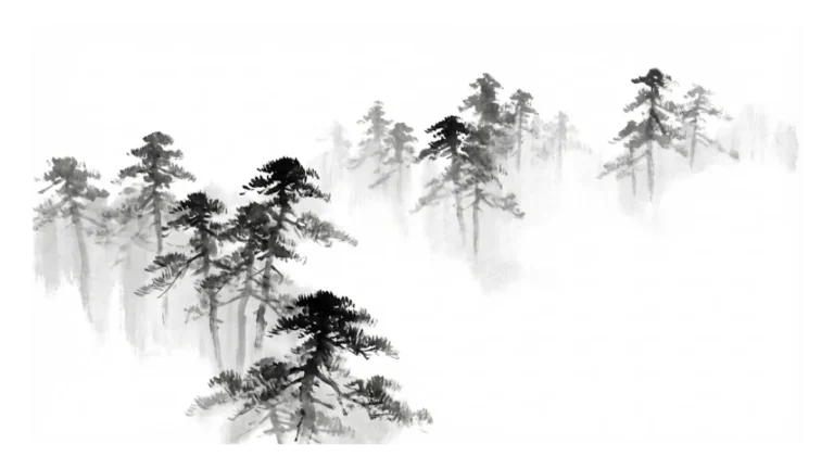 Japanische Tuschemalerei von Kiefern, die im Nebel verschwinden. Der dominante weiße Leerraum illustriert das Zen-Konzept Ma (die bewusste Leere)