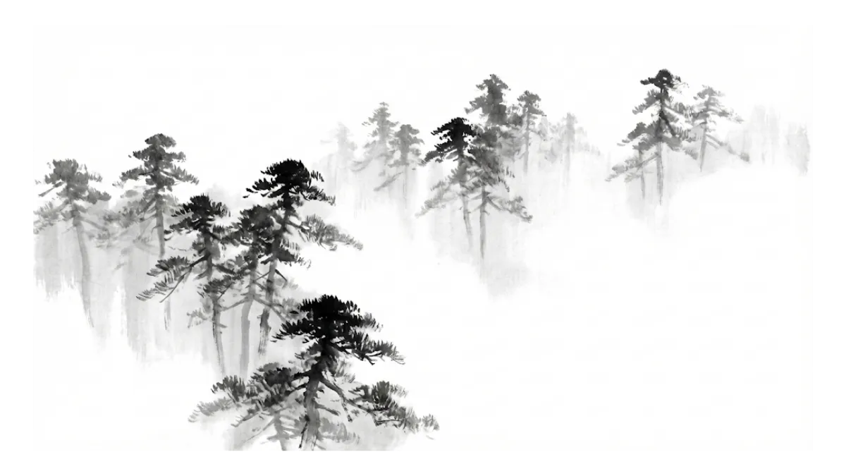Japanische Tuschemalerei von Kiefern, die im Nebel verschwinden. Der dominante weiße Leerraum illustriert das Zen-Konzept Ma (die bewusste Leere)