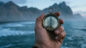 Eine Hand hält einen Kompass vor einer stürmischen Küste in der Dämmerung, als Symbol für den inneren Kompass und das bewusste Navigieren durch die Herausforderungen des Lebens.