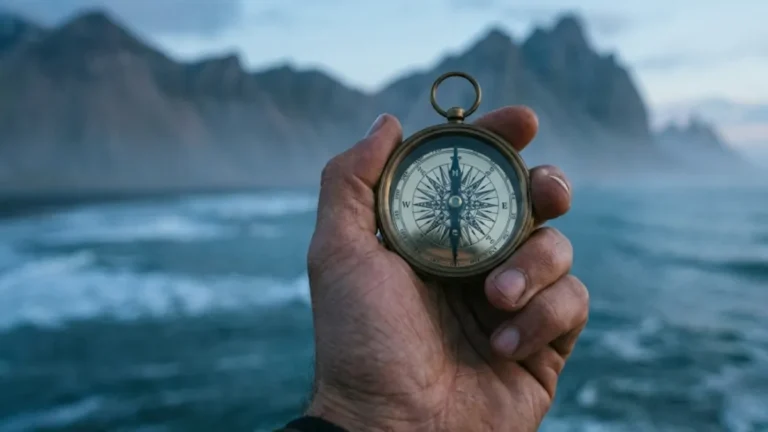 Eine Hand hält einen Kompass vor einer stürmischen Küste in der Dämmerung, als Symbol für den inneren Kompass und das bewusste Navigieren durch die Herausforderungen des Lebens.