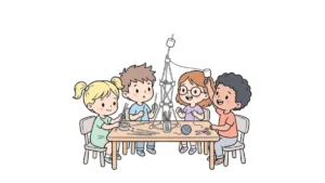 Eine Illustration, die vier Kinder am Tisch zeigt, die einen Spaghetti-Turm bauen. Sie benutzen ungekochte Spaghetti, Faden und Klebeband. Ein Kind balanciert einen Marshmallow an der Spitze des Gebildes. Dies illustriert die Marshmallow-Challenge.