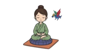 Minimalistische Illustration einer ruhig in Zazen meditierenden Frau auf einem blauen Kissen. Neben ihr schwebt ein kleiner, bunter Origami-Drache, der den Gott Mara und die inneren Widerstände symbolisiert.