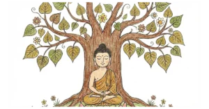 Eine Buntstiftzeichnung im naiven Stil zeigt den meditierenden Buddha in oranger Robe, der im Lotussitz unter einem großen Bodhibaum mit grünen und gelblichen Blättern vor einem weißen Hintergrund sitzt.