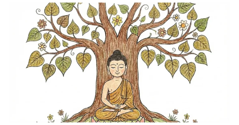 Eine Buntstiftzeichnung im naiven Stil zeigt den meditierenden Buddha in oranger Robe, der im Lotussitz unter einem großen Bodhibaum mit grünen und gelblichen Blättern vor einem weißen Hintergrund sitzt.