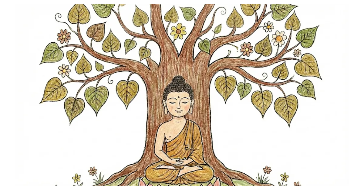 Eine Buntstiftzeichnung im naiven Stil zeigt den meditierenden Buddha in oranger Robe, der im Lotussitz unter einem großen Bodhibaum mit grünen und gelblichen Blättern vor einem weißen Hintergrund sitzt.