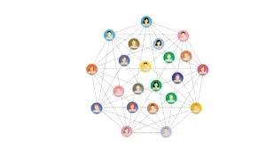 Ein dichtes, mesh-artiges Netzwerkdiagramm von Menschen-Ikonen, die durch gestrichelte Linien miteinander verbunden sind, um Verbindungen und Teamarbeit zu visualisieren.