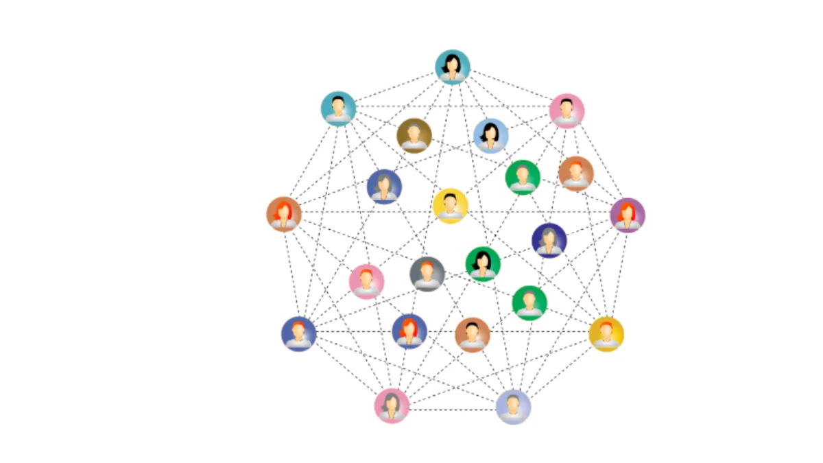 Ein dichtes, mesh-artiges Netzwerkdiagramm von Menschen-Ikonen, die durch gestrichelte Linien miteinander verbunden sind, um Verbindungen und Teamarbeit zu visualisieren.