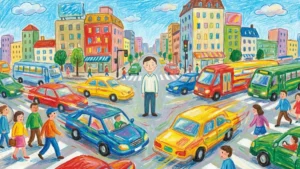 Eine naive Buntstiftzeichnung eines Mannes, der ruhig und lächelnd inmitten eines chaotischen Verkehrsknotenpunkts steht. Das Bild symbolisiert den "Bewusstseinsraum" zwischen Reiz und impulsiver Reaktion in der Zen-Praxis.