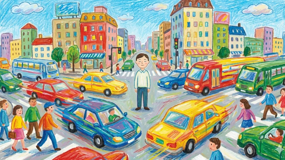 Eine naive Buntstiftzeichnung eines Mannes, der ruhig und lächelnd inmitten eines chaotischen Verkehrsknotenpunkts steht. Das Bild symbolisiert den "Bewusstseinsraum" zwischen Reiz und impulsiver Reaktion in der Zen-Praxis.