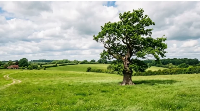 Malerische Sommerlandschaft mit einem unbefestigten Feldweg, der durch saftig grüne Wiesen voller gelber Wildblumen zu einem traditionellen Bauernhof führt. Rechts im Bild steht eine stattliche, alte Eiche mit ausladender Krone unter einem hellblauen Himmel mit weißen Wolken.