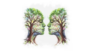 Künstlerische Kreidezeichnung zweier sich zugewandter Baum-Gesichter auf weißem Grund, die das organische Zusammenwachsen durch echtes Zuhören (Stereohören) symbolisieren.