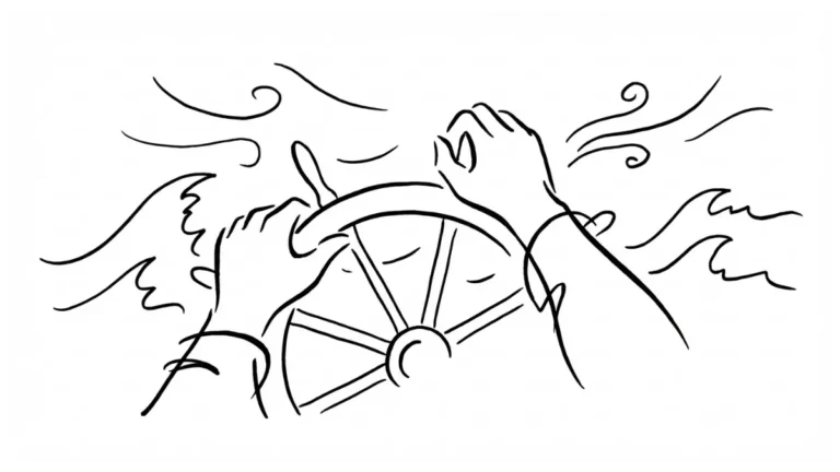 Minimalistische schwarz-weiß Strichzeichnung, die zwei Hände zeigt, die fest ein Schiffssteuerrad umklammern, umgeben von geschwungenen Linien, die Wind und Wellen in einem Sturm andeuten.