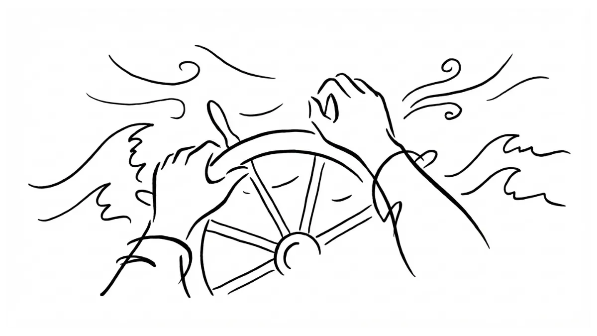 Minimalistische schwarz-weiß Strichzeichnung, die zwei Hände zeigt, die fest ein Schiffssteuerrad umklammern, umgeben von geschwungenen Linien, die Wind und Wellen in einem Sturm andeuten.