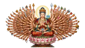 Detailliertes Thangka-Gemälde des tausendarmigen Bodhisattva Avalokiteshvara, sitzend auf einem Lotos-Thron mit hunderten Händen, die symbolische Attribute halten.