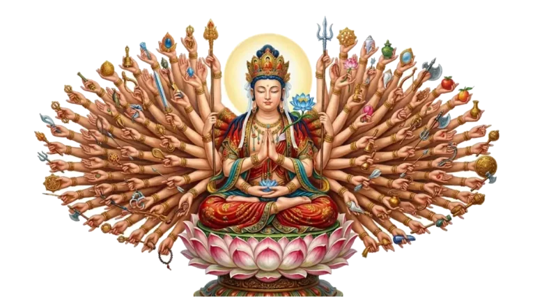Detailliertes Thangka-Gemälde des tausendarmigen Bodhisattva Avalokiteshvara, sitzend auf einem Lotos-Thron mit hunderten Händen, die symbolische Attribute halten.