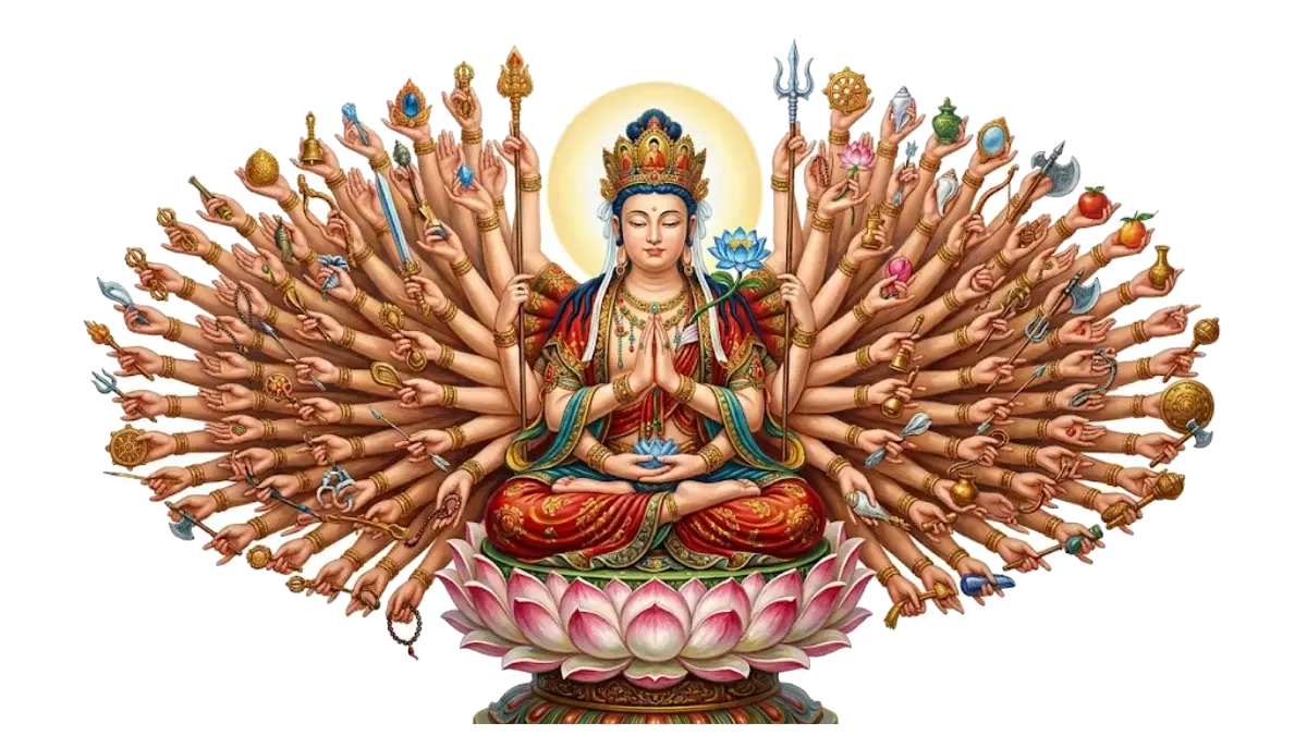 Detailliertes Thangka-Gemälde des tausendarmigen Bodhisattva Avalokiteshvara, sitzend auf einem Lotos-Thron mit hunderten Händen, die symbolische Attribute halten.