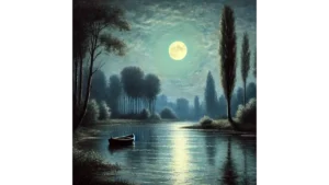 Stimmungsvolle Abendlandschaft mit Vollmond über einem See, die Ruhe und Sinnfindung im Zen symbolisiert.