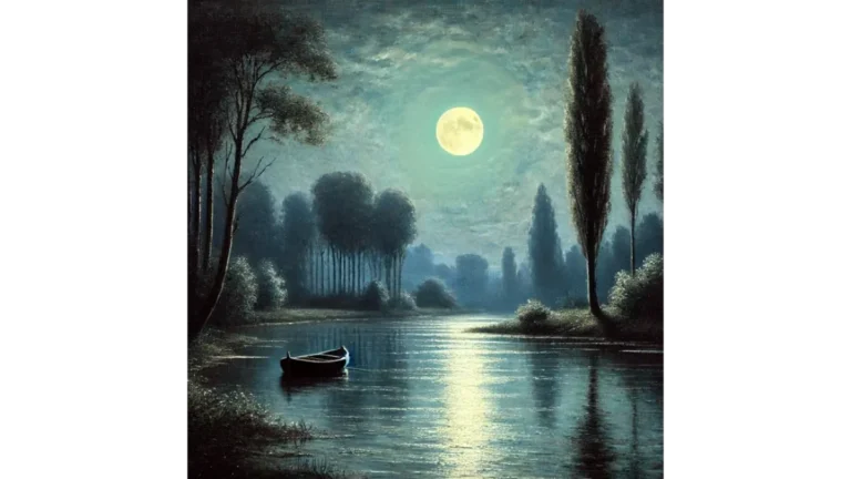 Stimmungsvolle Abendlandschaft mit Vollmond über einem See, die Ruhe und Sinnfindung im Zen symbolisiert.