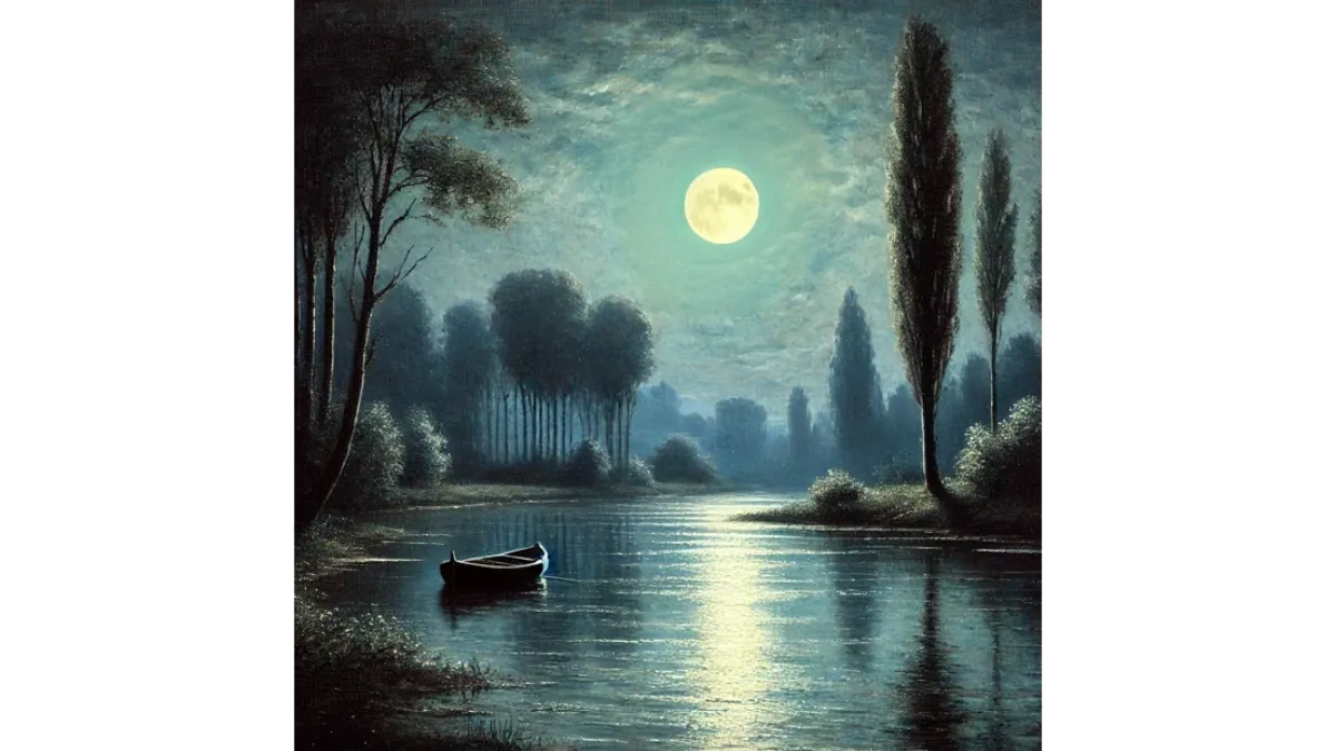 Stimmungsvolle Abendlandschaft mit Vollmond über einem See, die Ruhe und Sinnfindung im Zen symbolisiert.