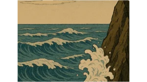 Der Fels, die Welle und das Meer im japanischen Ukiyo-e-Stil als Symbol für die Zen-Perspektive auf die Wahrheit.