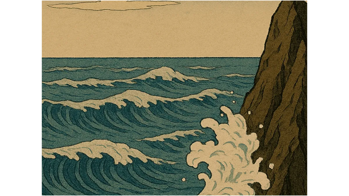 Der Fels, die Welle und das Meer im japanischen Ukiyo-e-Stil als Symbol für die Zen-Perspektive auf die Wahrheit.
