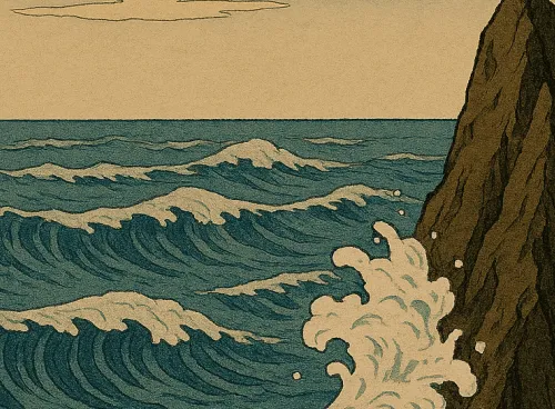 Der Fels, die Welle und das Meer im japanischen Ukiyo-e-Stil als Symbol für die Zen-Perspektive auf die Wahrheit.
