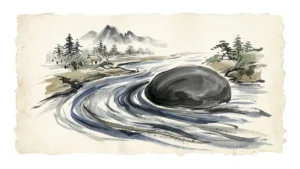 Eine minimalistische Zen-Tuschmalerei (Sumi-e), die einen Fluss zeigt, der sanft um einen großen dunklen Stein fließt – Symbol für Wu-Wei und das Handeln im Einklang mit dem Tao.