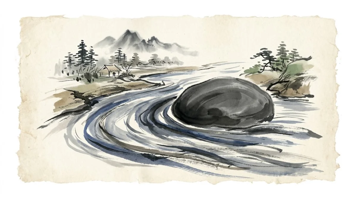 Eine minimalistische Zen-Tuschmalerei (Sumi-e), die einen Fluss zeigt, der sanft um einen großen dunklen Stein fließt – Symbol für Wu-Wei und das Handeln im Einklang mit dem Tao.