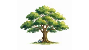 Aquarell-Illustration einer Frau, die entspannt unter einem großen, grünen Baum ruht – symbolisch für das Zen-Konzept Ma und intuitives Zeitmanagement.