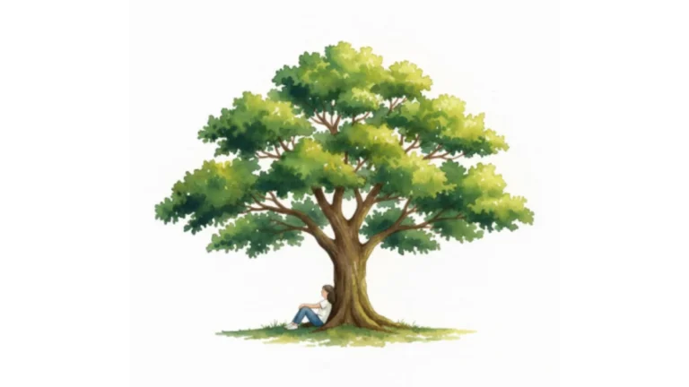 Aquarell-Illustration einer Frau, die entspannt unter einem großen, grünen Baum ruht – symbolisch für das Zen-Konzept Ma und intuitives Zeitmanagement.