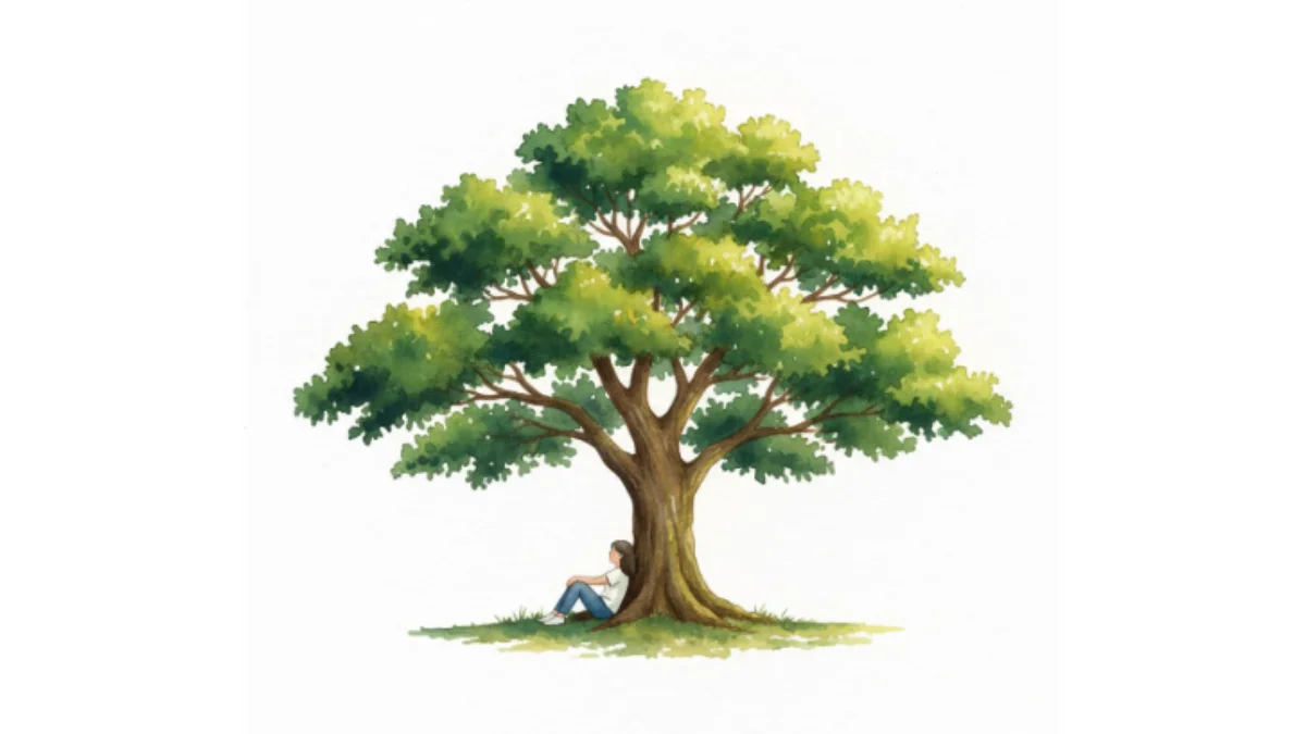 Aquarell-Illustration einer Frau, die entspannt unter einem großen, grünen Baum ruht – symbolisch für das Zen-Konzept Ma und intuitives Zeitmanagement.