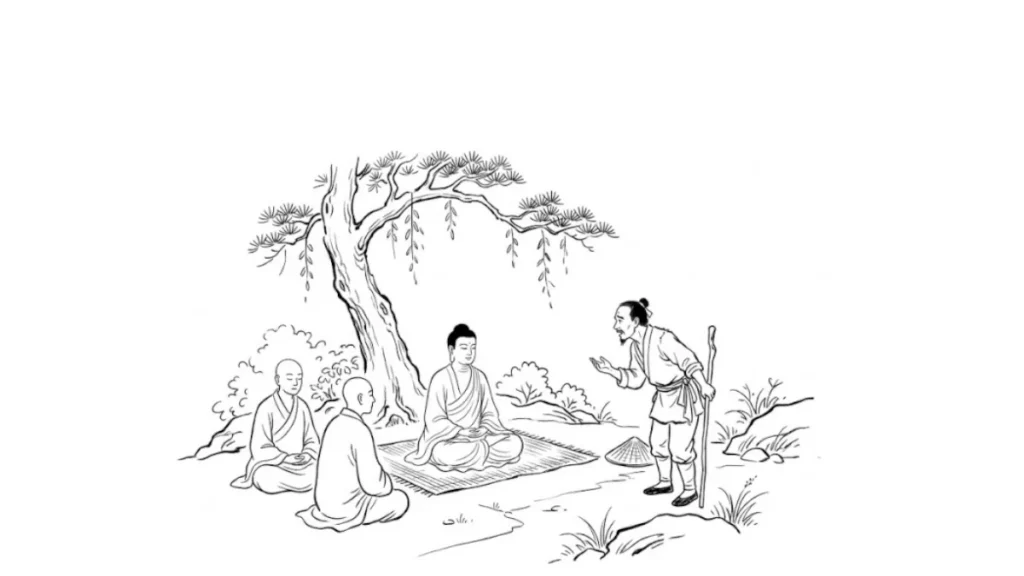 Schwarz-Weiß-Illustration: Ein Bauer spricht unter einem Baum mit dem sitzenden Buddha und zwei Mönchen über seine Probleme.
