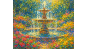 Lebendiges impressionistisches Bild eines Brunnens in leuchtenden Farben - Metapher für Zen-Spontaneität, Achtsamkeit und die fließende Natur des gegenwärtigen Moments