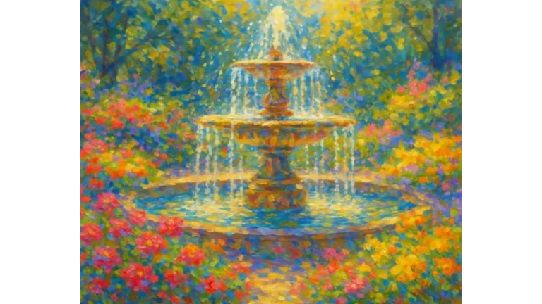 Lebendiges impressionistisches Bild eines Brunnens in leuchtenden Farben - Metapher für Zen-Spontaneität, Achtsamkeit und die fließende Natur des gegenwärtigen Moments