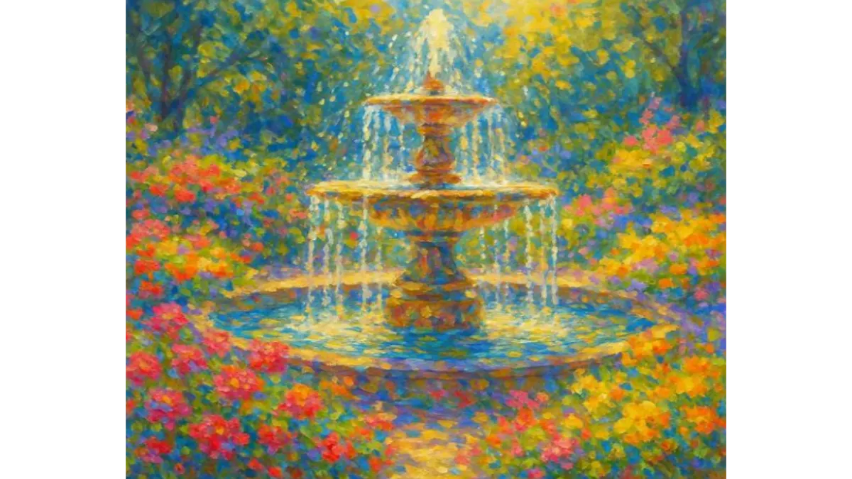 Lebendiges impressionistisches Bild eines Brunnens in leuchtenden Farben - Metapher für Zen-Spontaneität, Achtsamkeit und die fließende Natur des gegenwärtigen Moments