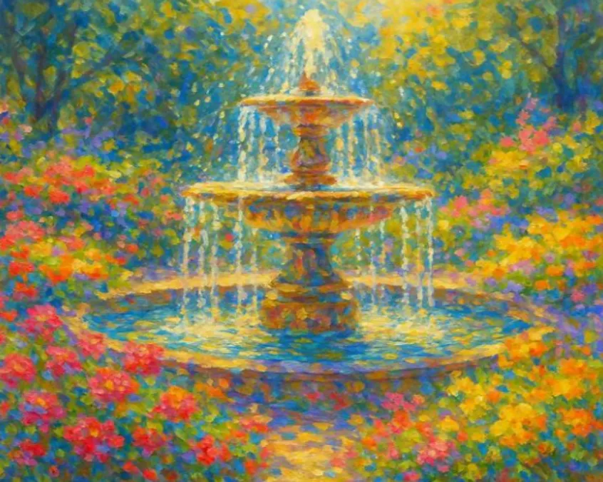 Lebendiges impressionistisches Bild eines Brunnens in leuchtenden Farben - Metapher für Zen-Spontaneität, Achtsamkeit und die fließende Natur des gegenwärtigen Moments