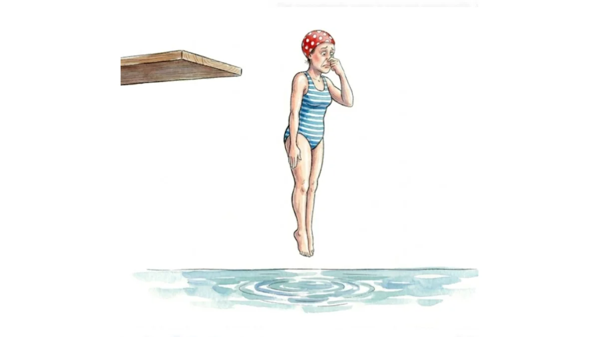 Eine Illustration einer Frau, die mit zugehaltener Nase vom Sprungbrett ins Wasser springt – symbolisch für den Moment der Entscheidung und das Überwinden von Zweifeln in der Zen-Praxis.
