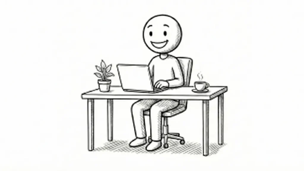 Schwarz-Weiß-Illustration eines lächelnden Strichmännchens, das entspannt und fokussiert an einem aufgeräumten Schreibtisch mit Laptop arbeitet. Das Bild symbolisiert die mentale Klarheit und Produktivität als Ergebnis der Zen-Praxis.