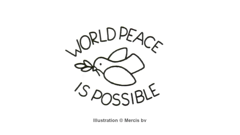 Minimalistische Illustration einer Friedenstaube mit dem Text World Peace is Possible im Zen-Stil über die Gefahr von Idealen.