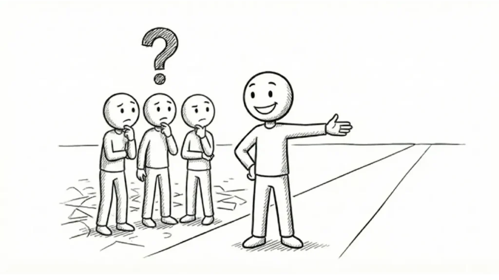 Schwarz-Weiß-Illustration eines lächelnden Strichmännchens, das selbstbewusst einen klaren Weg weist, während eine Gruppe dahinter zweifelnd mit einem Fragezeichen über dem Kopf steht. Das Bild symbolisiert das Treffen klarer, intuitiver Entscheidungen durch Zen-Praxis, wovon auch das Umfeld profitiert.